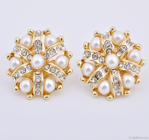 2012 new pearl beads rhinestone silver gold plating clip earrings