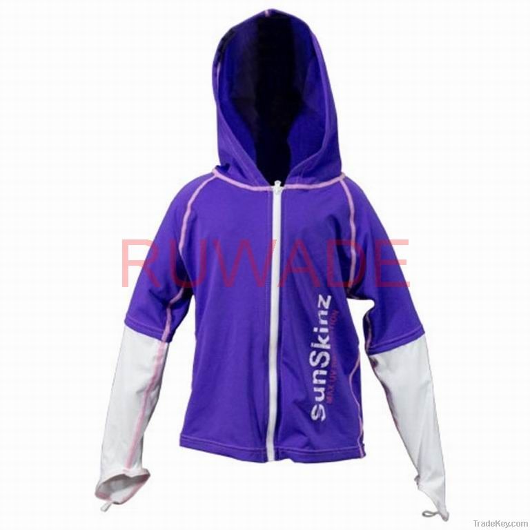 Uv50+ Children Long Sleeve Rash Guard Hoodies With Front Zipper