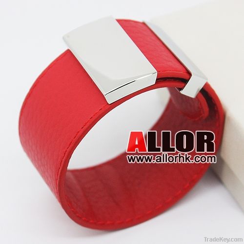 Red genuine leather bracelet with stainless steel buckle