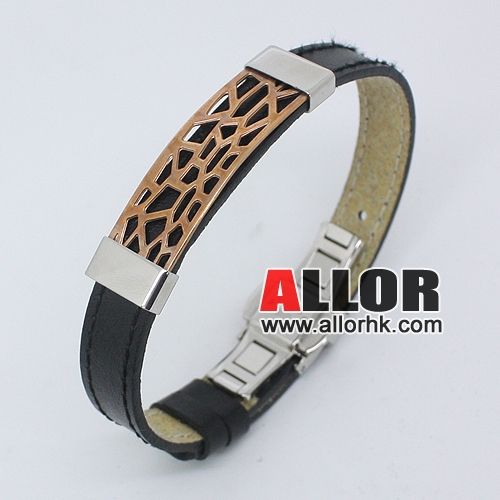 Leather wristband with hollow out stainless steel decor