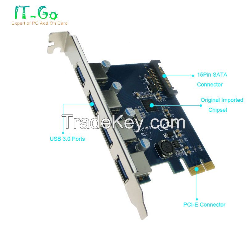 IT-GO 4 Ports USB 3.0 PCI-E Card PCI Express USB 3.0 Controller USB3.0 To PCIE Extension Hub Adapter with Low Profile Bracket