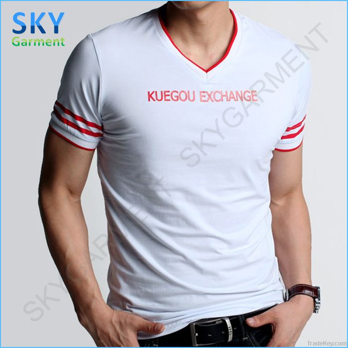 V Neck Short Sleeve Contrast Cotton T-Shirt for Men