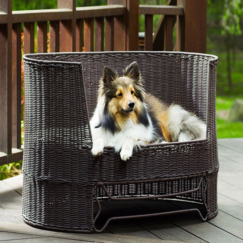 Rattan dog sofa with short plush cushion set