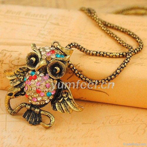 Vintage gold owl jewelry long necklaceKN0065