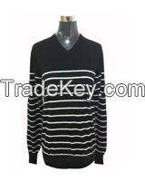 New Fashion Men's Stripe V Neck 90%Wool 10�shmere pullover sweater with Elbow Patches