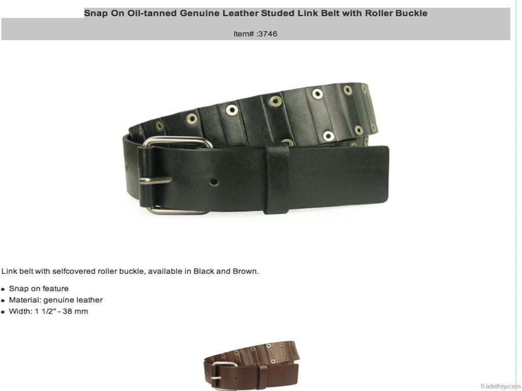 Snap on Oil-tanned Genuine Leather Studed Link Belt with Roller Buckle