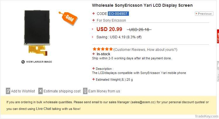 LCD Screen For SonyEricsson Yari