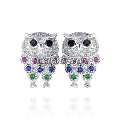 2014 fashion silver stud earring designs, latest design diamond stud earring, cute gemstone owl silver stud earrings