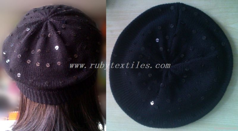 Girls acrylic knitted beret hat with sequins