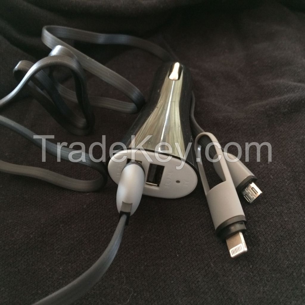 Twin Dual 2 Port USB Car Charger With Data Cable 