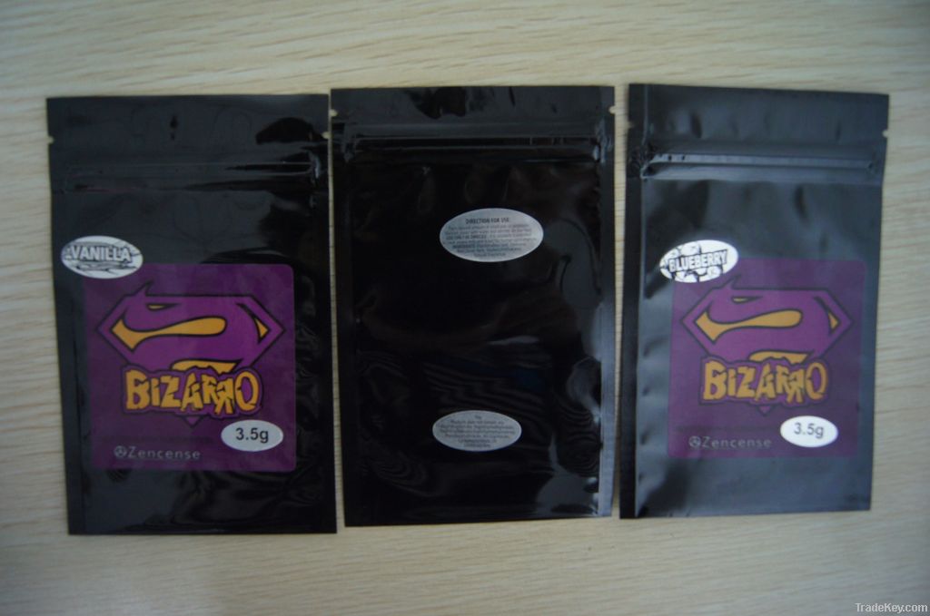 Bizarro black ziplock bags with 5 stickers, 8 flavors 1.5g 3.5g 10g