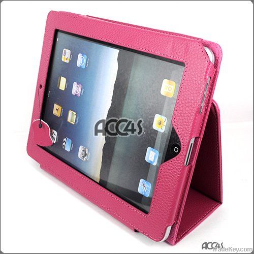 Hot pink Litchi Pattern Genuine Leather Protective Pouch Case for iPAD