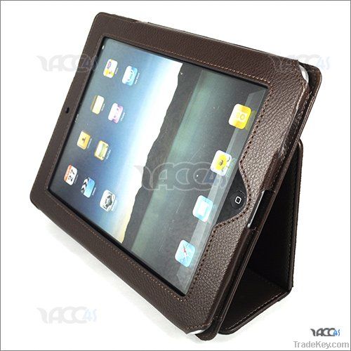 Brown Litchi Veins Leather Protective Pouch Case Cover for iPAD