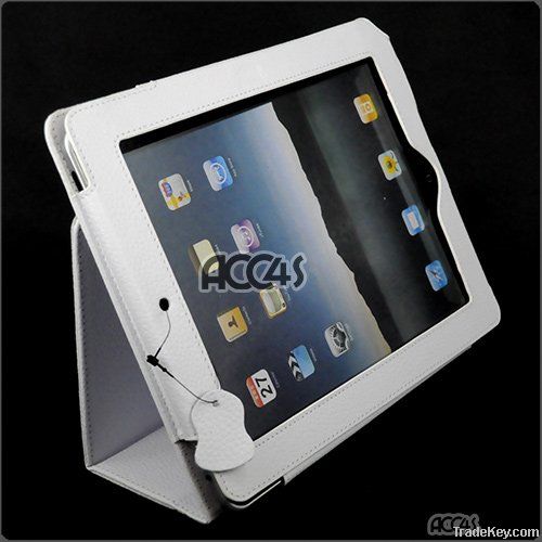 White Litchi Pattern Genuine Leather Protective Pouch Case for iPAD