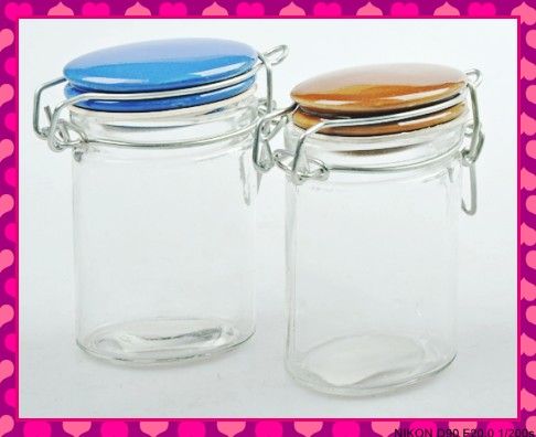 cylinder glass spice jar with glass lid and metal clip holder