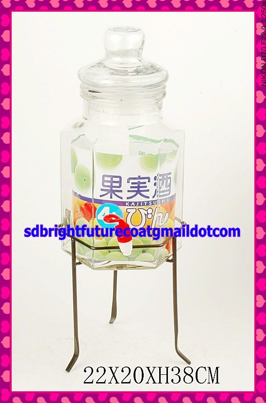 hexahedron glass dispenser with spigot and metal stand