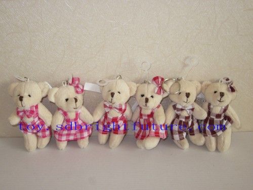 stuffed small couple bears with keyring in check overalls