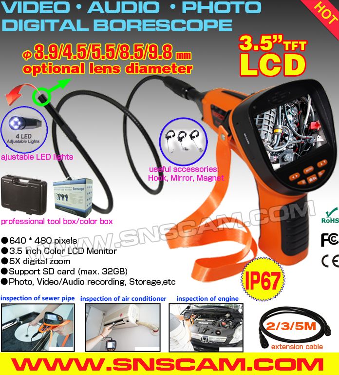Multi-functional Video Endoscope with 3.5" LCD screen