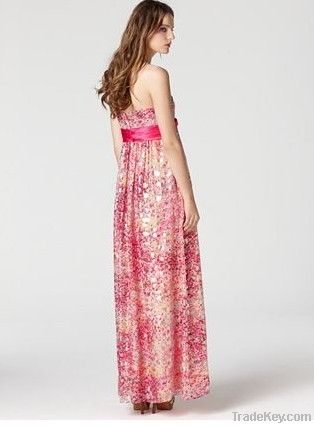 Full- length strapless sequined silk chiffon fashon prom evening dress