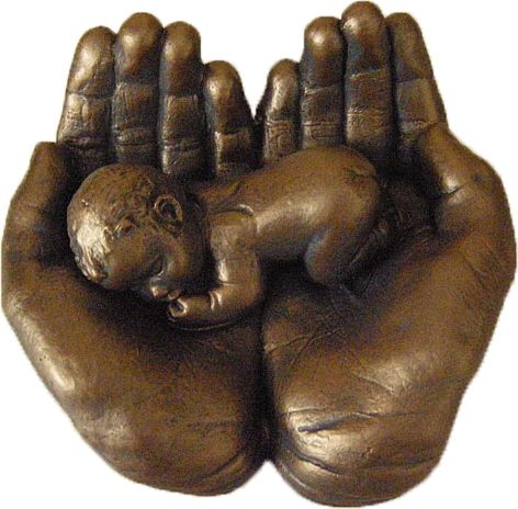 Baby in hands sculpture