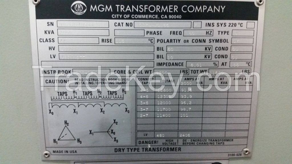 MGM 2000 KVA Dry Type Transformer. WITH cutler Hammer Switchgear and PCI Control