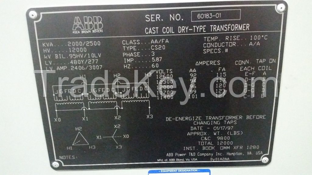 2000 KVA ABB CAST COIL DRY TYPE TRANSFORMERS.