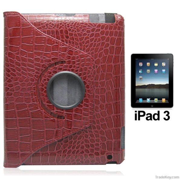 Red Snake Skin 360 Rotatable Leather Case for The New iPad / iPad 3