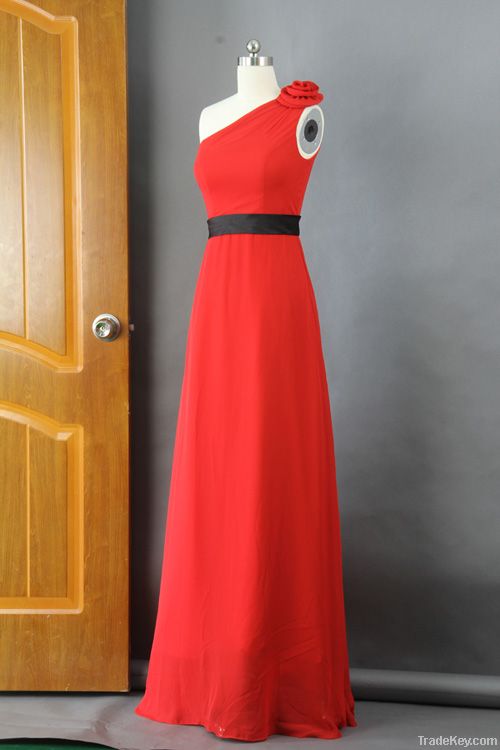 A-line One Shoulder Floor-length Chiffon Over Satin Evening Dress