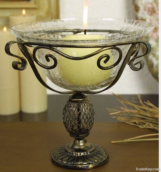 Crackled Glass filled candle with stand