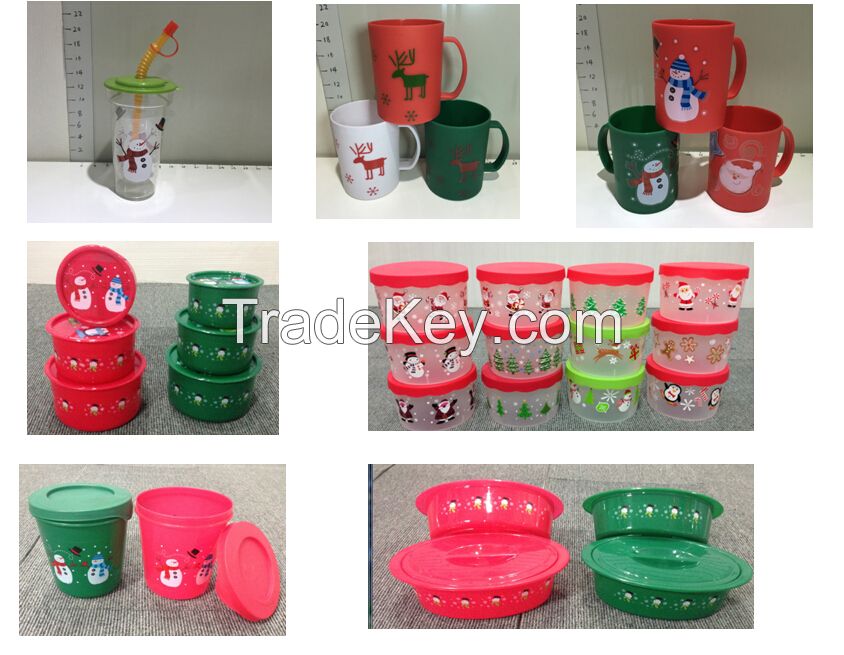 Christmas decoration/x'mas plastic bottle/cups/bowls/trays/plates