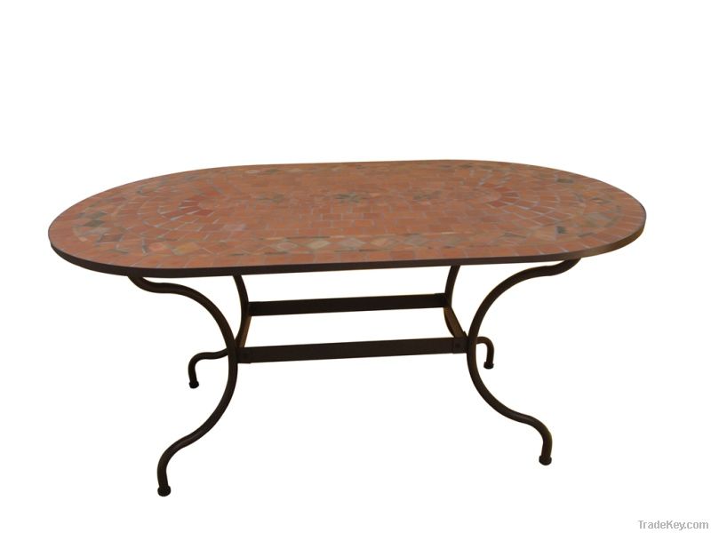 Wrought iron and ceramic mosaic oval dining table