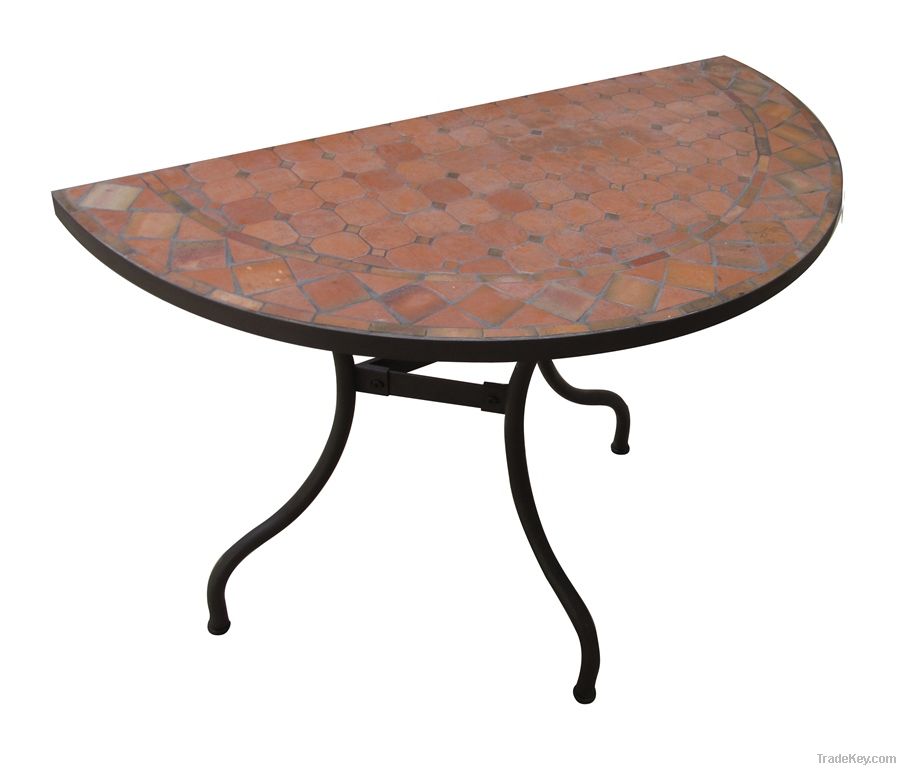 Wrought iron and ceramic mosaic half-moon console