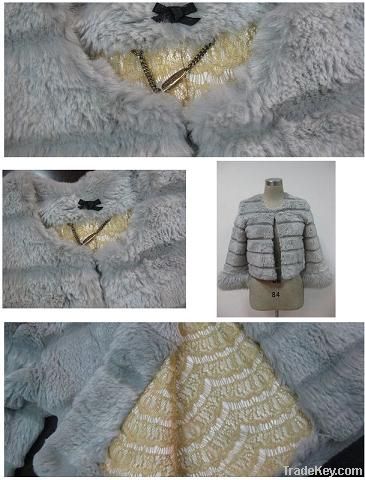 Sheared rabbit fur coat with fox cuff