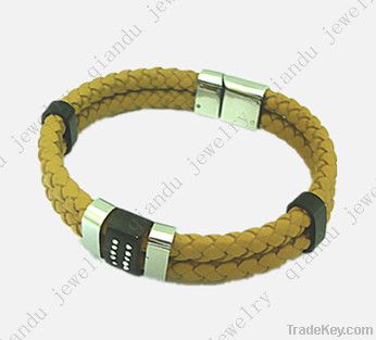 fashion stainless steel with double leather bracelet