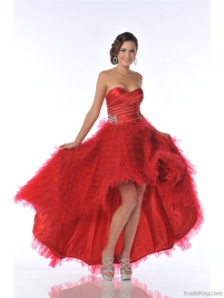 strapless red prom gown