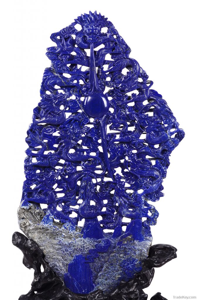 17" Natural Lapis Lazuli carved Nine Dragons playing pearl Carving