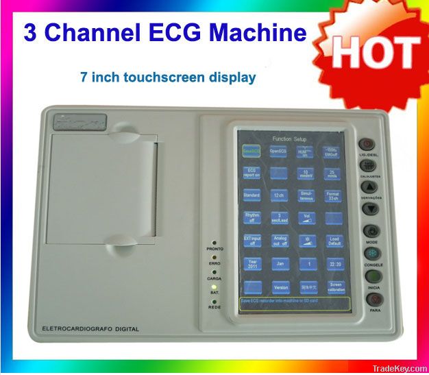 7inch touchscreen digital 3 channel ECG machine with  analysis