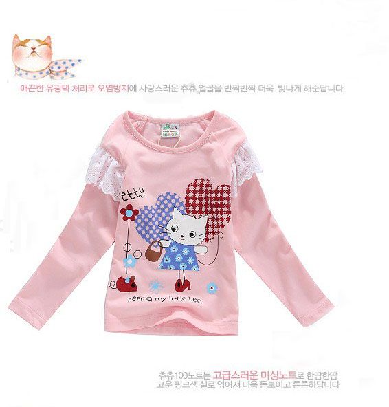 100% Cotton Wholesale Autumn Girls Long Sleeve T-shirt Hot Sale Cat Print Tops for Children