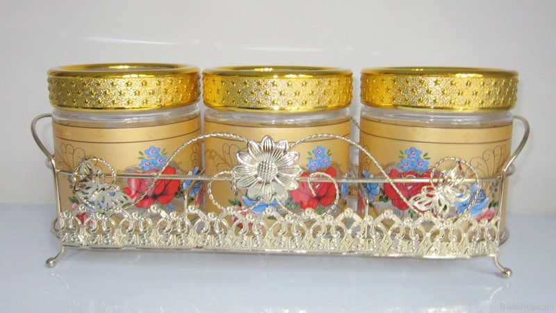 glass jars with golden rack