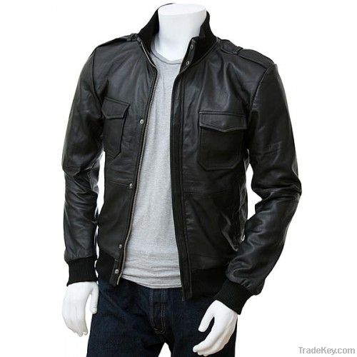 Men's Black Leather Bomber Jacket Belgrade