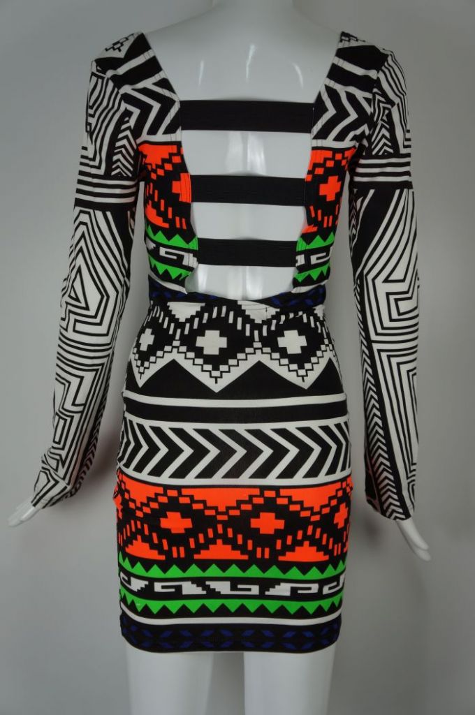 Bodycon Dress (Long Sleeve | Aztec Print | Back Strips)