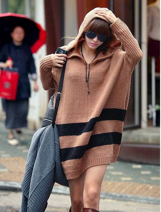 Free Shipping  Korean hooded striped batwing loose sweater