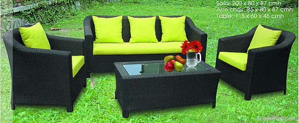 OUT SOFA SET, ALU. FRAME, WICKER, CUSHION 8CM, T-GLASS 5MM