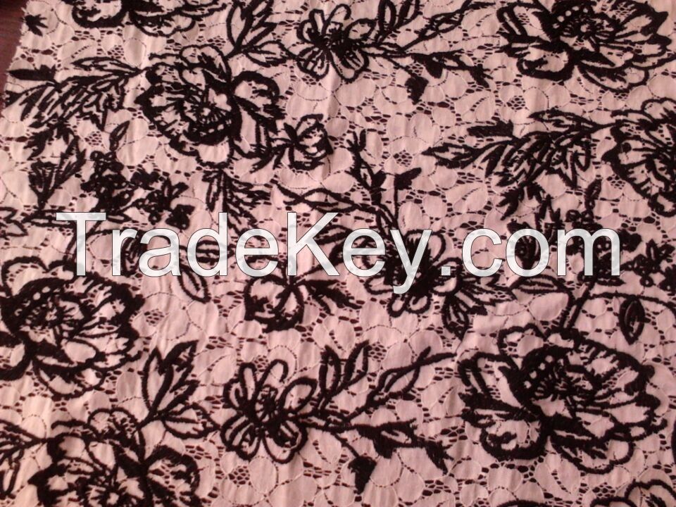 nylon cotton lace p/d with poly yarn embroidery