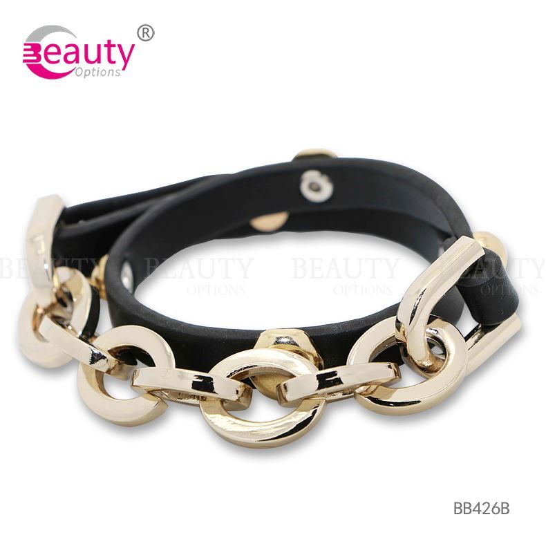 Golden Metal Plated Blue PU Man-made Leather Bracelet Jewelry