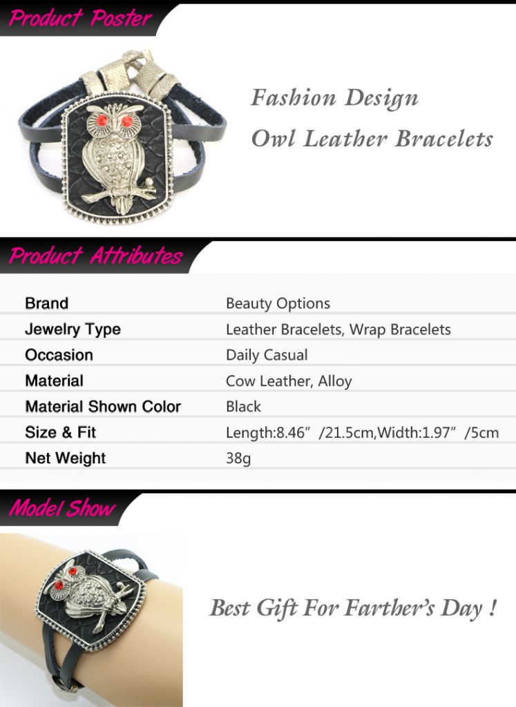 Alloy Metal Owl Classic Black Genuine Cow Leather Bracelets wholesale