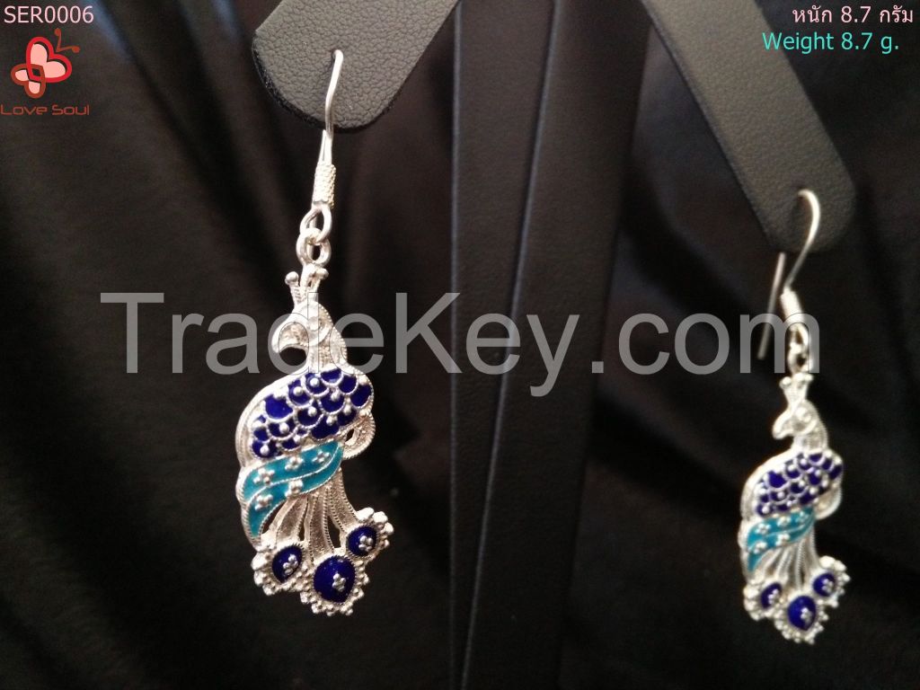 Sukhothai Silver 99.9%, Handmade Peacock Earrings SER0006