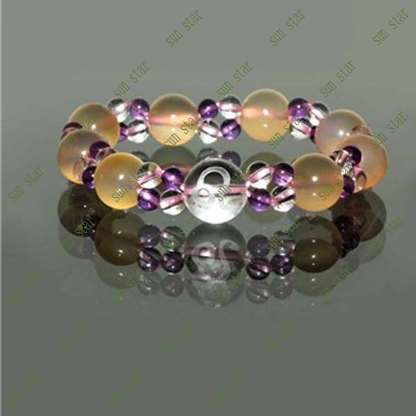 12mm, 6mm, 4mm round bead calcedony, crystal, amethyst bracelet