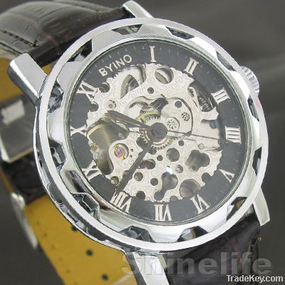 Classic AUTO Mechanical Skeleton Leather Mens Watch
