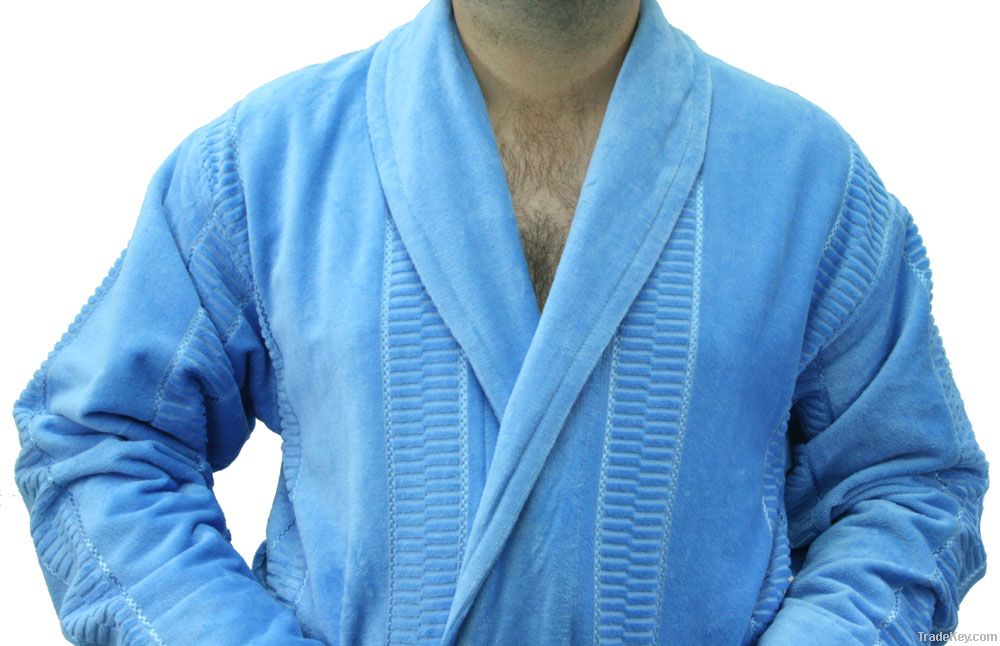 Blue  Unisex Velour-Terry Shawl Jaquard  Bathrobe